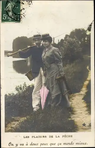 Ak Les Plaisirs de la Peche, Angler am Uferweg