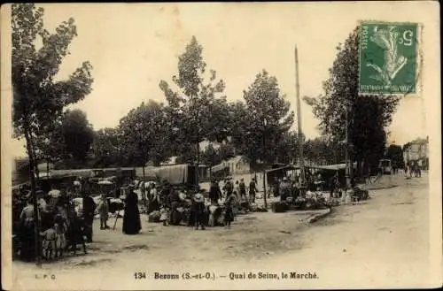 Ak Bezons Val d’Oise, Quai de Seine, Le Marché