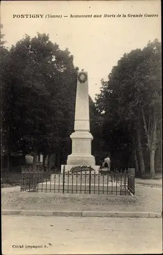 Ak Pontigny Yonne, Monument aux Morts de la Grande Guerre