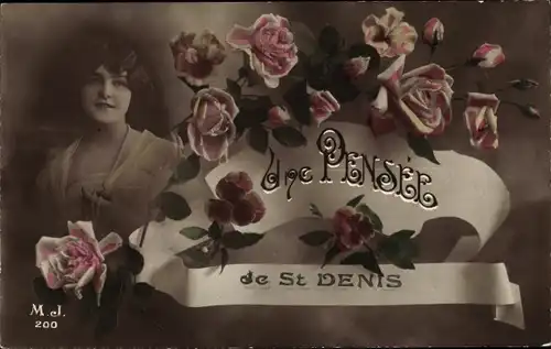 Ak Saint Denis Seine Saint Denis, Une Pensée de Saint Denis, Portrait de Femme avec Fleurs