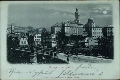 Mondschein Ak Greiz im Vogtland, Panorama vom Ort