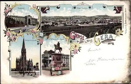 Litho Gera in Thüringen, Bahnhof, Johanniskirche, Kaiser Wilhelm Denkmal