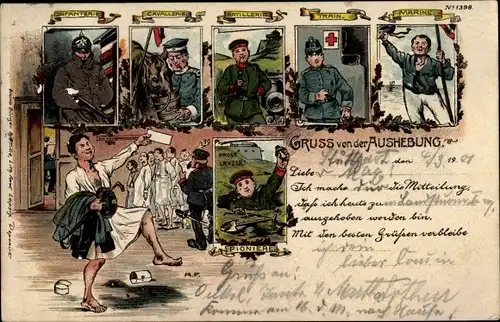 Litho Kaiserliche Soldaten, Aushebung, Infanterie, Cavallerie, Artillerie, Train, Marine, Pioniere