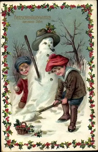 Präge Litho Glückwunsch Neujahr, Kinder mit Schneemann, Stechpalme