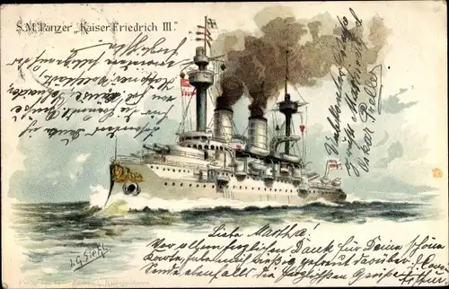 Künstler Ak Siehl, Johann Georg, Deutsches Kriegsschiff, SMS Kaiser Friedrich III