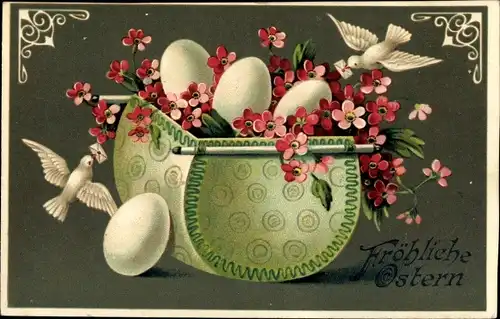 Litho Glückwunsch Ostern, Korb, Blumen, Tauben, Eier