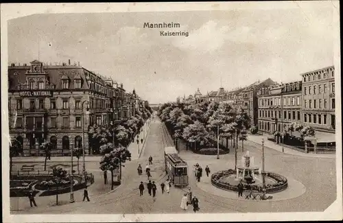 Ak Mannheim in Baden Württemberg, Kaiserring, Straßenbahn, Springbrunnen