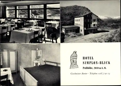 Ak Simplon Kanton Wallis, Hotel Simplon Blick, Außenansicht, Restaurant, Gästezimmer
