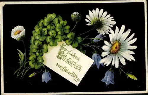 Litho Glückwunsch Geburtstag, Blumen, Kleeblätter, Gänseblümchen