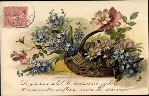 Künstler Ak Guillet, E., Blumen in einem Weidenkorb, Vergissmeinnicht