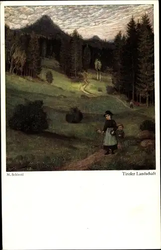 Künstler Ak Schiestl, Matthäus, Tiroler Landschaft, Spaziergänger