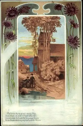 Präge Passepartout Ak Dorfpartie mit Kirche, Blumen