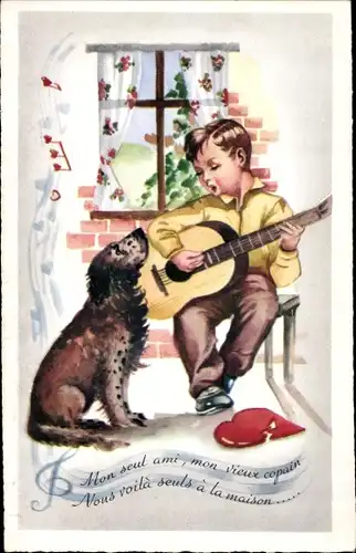 Künstler Ak Mon seul ami, Junge mit Gitarre singt, Hund jault