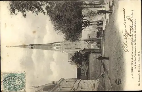 Ak Pithiviers Loiret, Le Clocher de l´Église, Rue des Chardons, Place du Grand Cloître