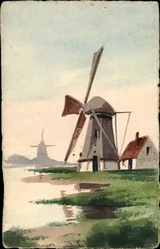 Künstler Ak Landschaftsmotiv mit Windmühlen