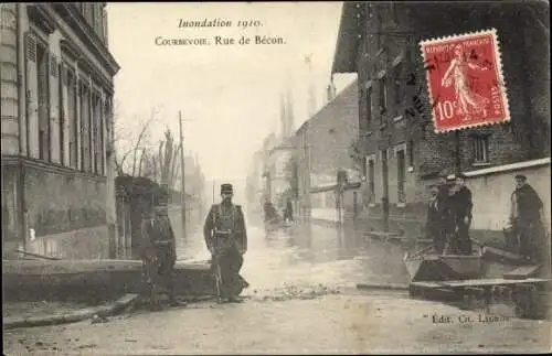 Ak Courbevoie Hauts de Seine, Rue de Bécon, Inondation de 1910