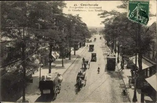 Ak Courbevoie Hauts de Seine, Boulevard de Courbevoie vers Neuilly, Charrettes et Automobiles