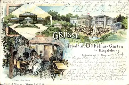 Litho Magdeburg an der Elbe, Friedrich Wilhelms Garten, Parkrestaurant, Inh. Albert Kleinau