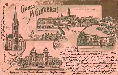 Litho Mönchengladbach im Ruhrgebiet, St. Josephskirche, Kaiserbad, Gesellschaftshaus Erholung