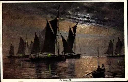 Künstler Ak Rogge, Th., Küstenwacht, Segelboote bei Nacht, Ruderboot