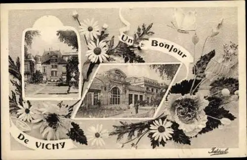 Ak Vichy Allier, Bonjour de Vichy, Montage avec Fleurs et diverses vues de la Ville