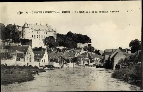 Ak Chateauneuf sur Cher, Le Château et le Moulin Bateau