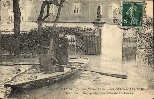 Ak Paris Hauts-de-Seine, Inondations de Janvier 1910, Jean Coquelin quittant sa Villa Saint James