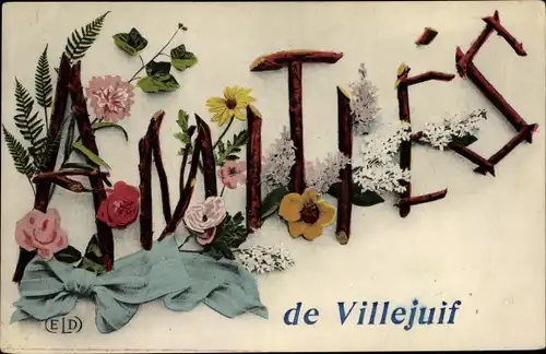 Ak Villejuif Val de Marne, Amitiés, Montage avec des Fleurs