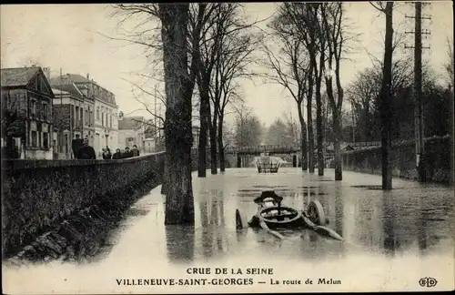 Ak Villeneuve Saint Georges Val de Marne, Route de Meulun, Inondations de 1910
