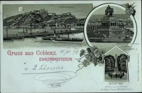 Mondschein Litho Koblenz am Rhein, Ehrenbreitstein, Provinzial Denkmal, Denkmal 1866, Dampfer