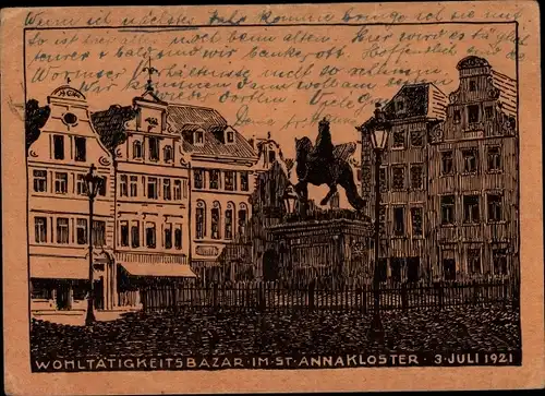 Künstler Ak Düsseldorf am Rhein, Platz mit Reiterdenkmal, Wohltätigkeitsbazar, St. Anna Kloster 1921