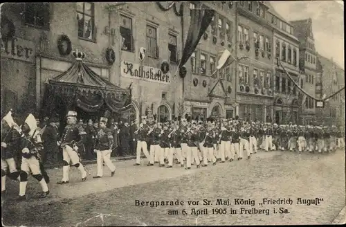 Ak Freiberg in Sachsen, Bergparade vor König Friedrich August III. von Sachsen, 1905, Ratskeller