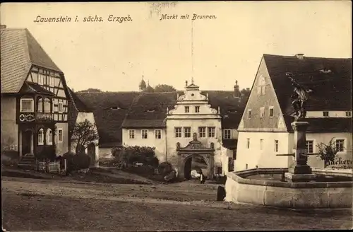 Ak Lauenstein Altenberg im Erzgebirge, Markt, Brunnen, Bäckerei