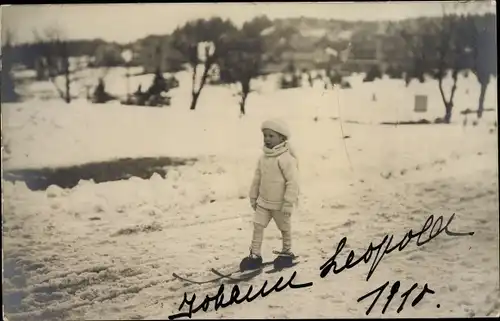 Foto Ak Erbprinz Johann Leopold von Sachsen Coburg Gotha, Ski, 1910, Handschrift Viktoria Adelheid