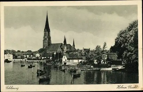 Ak Schleswig an der Schlei, Holmer Bucht, Partie am Wasser, Kirche