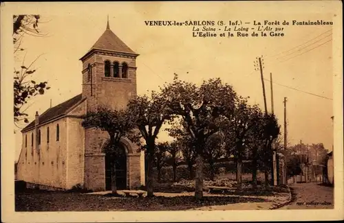 Ak Veneux-les-Sablons Seine et Marne, Église et Rue de la Gare