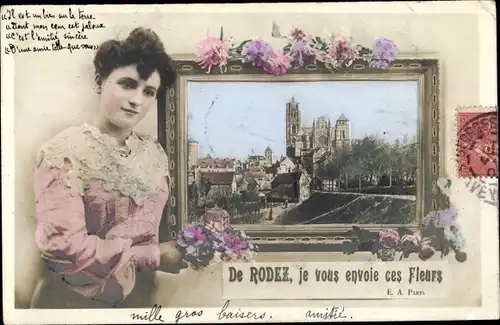 Passepartout Ak Rodez Aveyron, Vue générale, Cathedrale, Fleurs