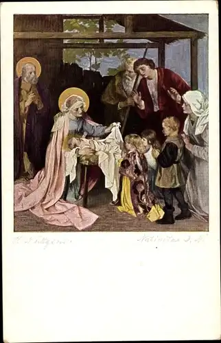 Künstler Ak Nüttgens, Heinrich, Geburt Christi, Maria, Josef, Bauern