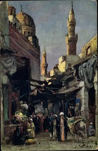 Künstler Ak Wuttke, Carl, Cairo Kairo Ägypten, Straßenszene, Minarett