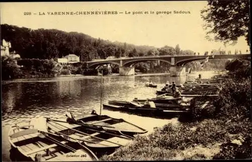 Ak La Varenne Chennevières Val de Marne, Pont et Garage Sadoux, Canots