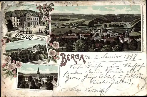 Litho Berga an der Weißen Elster Thüringen, Blick auf den Ort, Rathaus, Schloss