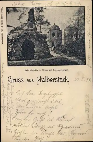 Ak Halberstadt Sachsen Anhalt, Heinrichshöhe und Turm auf Spiegelsbergen