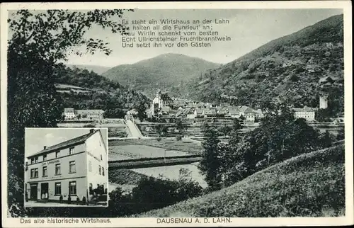 Ak Dausenau an der Lahn, Das alte historische Wirtshaus, Panorama des Ortes