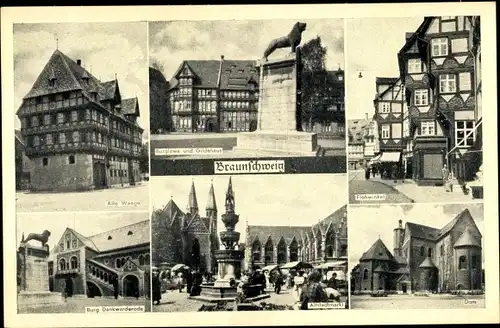 Ak Braunschweig in Niedersachsen, Alte Waage, Flohwinkel, Dom, Burglöwe und Gildehaus