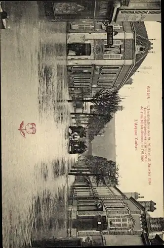 Ak Sens Yonne, Inondation de 1910, Avenue Vauban