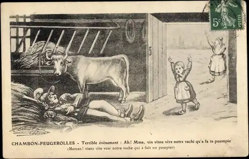 Künstler Ak Chambon Feugerolles, terrible evenement, Soldat im Kuhstall
