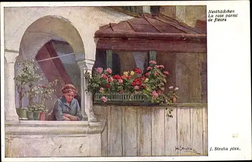 Künstler Ak Straka, Josef, Nesthälchen, Mädchen am Balkon, BKWI