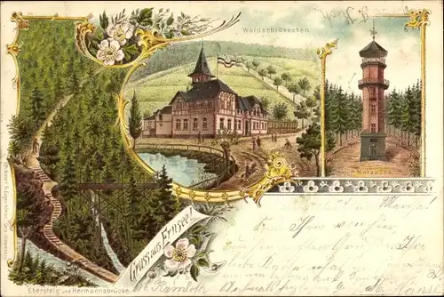 Litho Ernsee Gera in Thüringen, Waldschlösschen, Metzhöhe, Aussichtsturm, Hermannsbrücke