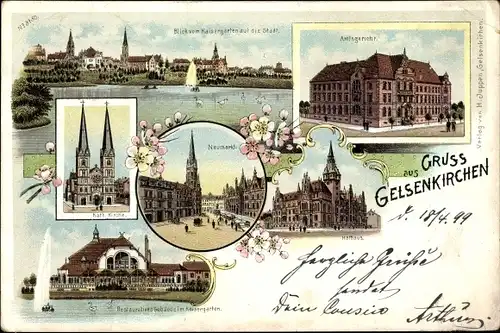 Litho Gelsenkirchen im Ruhrgebiet, Amtsgericht, Kirche, Neumarkt, Rathaus, Kaisergarten