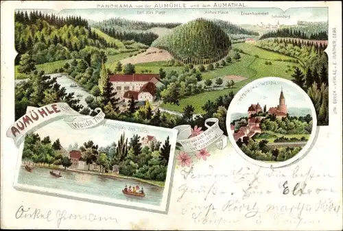 Litho Weida in Thüringen, Aumühle, Aumatal, Eisenhammer, Teich